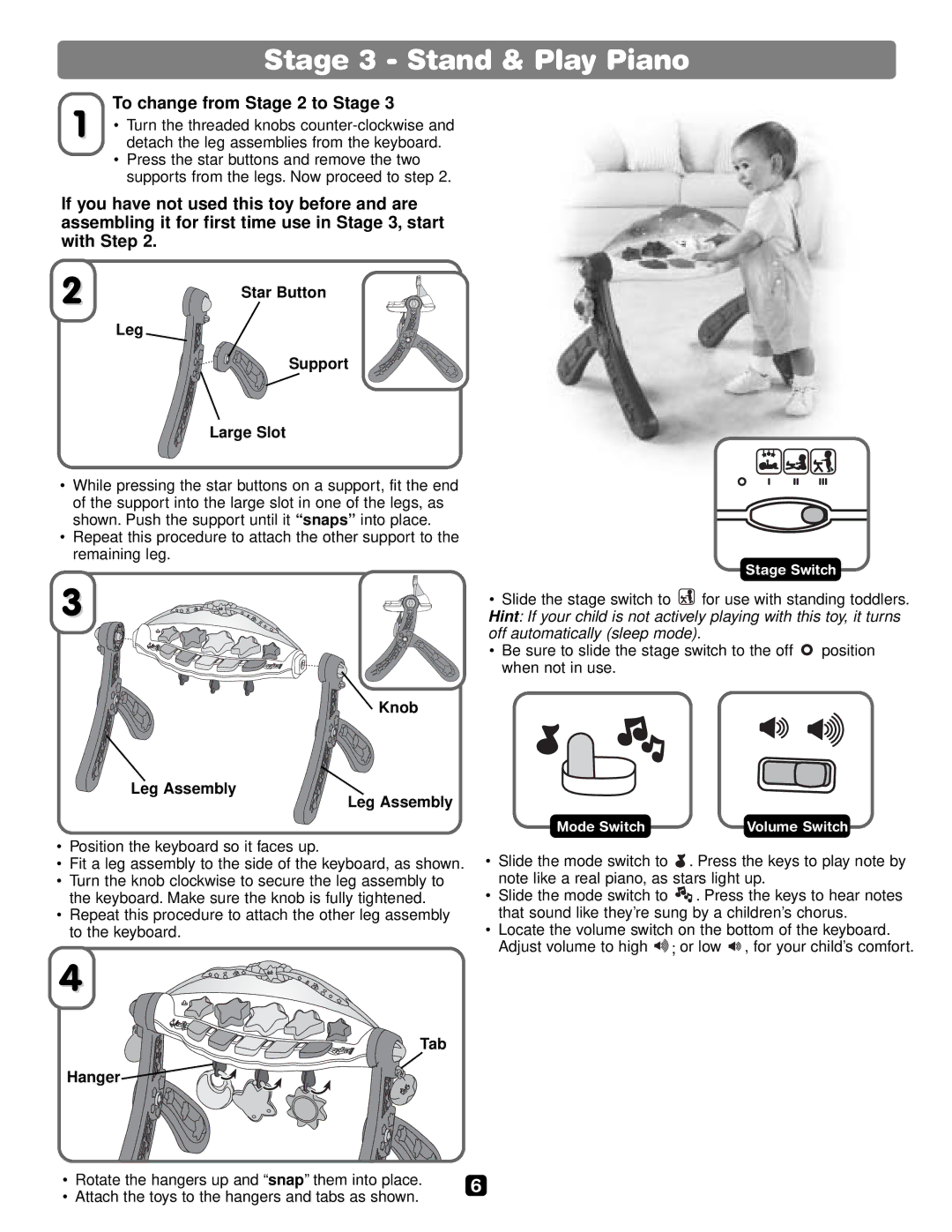 Fisher-Price B0846 instruction sheet Stage 3 Stand & Play Piano, To change from Stage 2 to Stage, Tab Hanger 