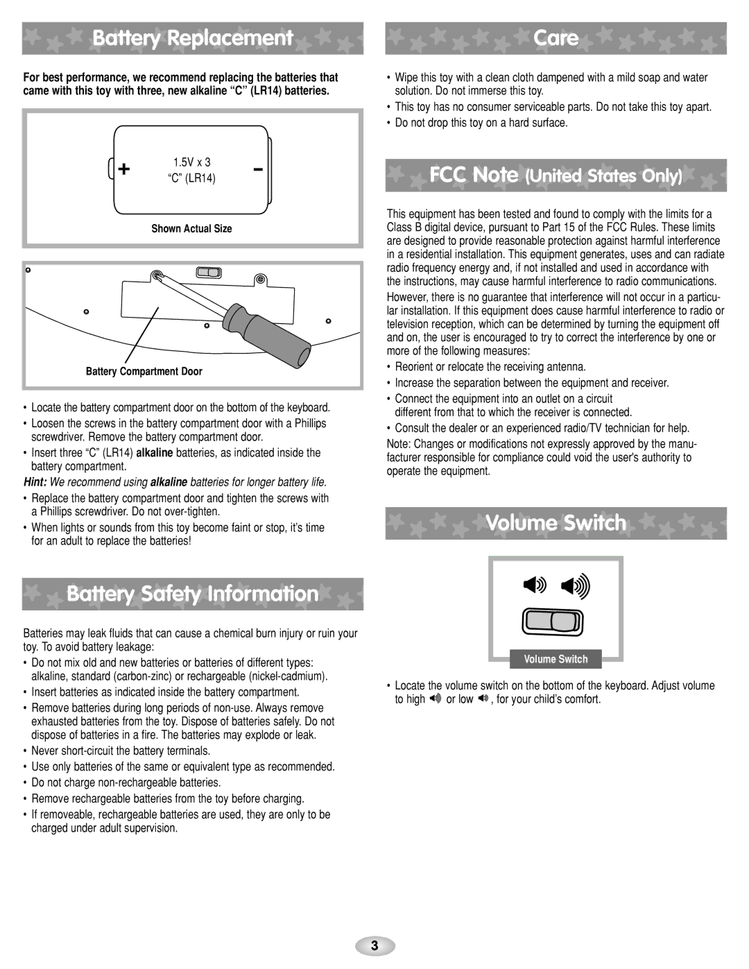 Fisher-Price B0846 instruction sheet Battery Replacement, Battery Safety Information, Care, Volume Switch 