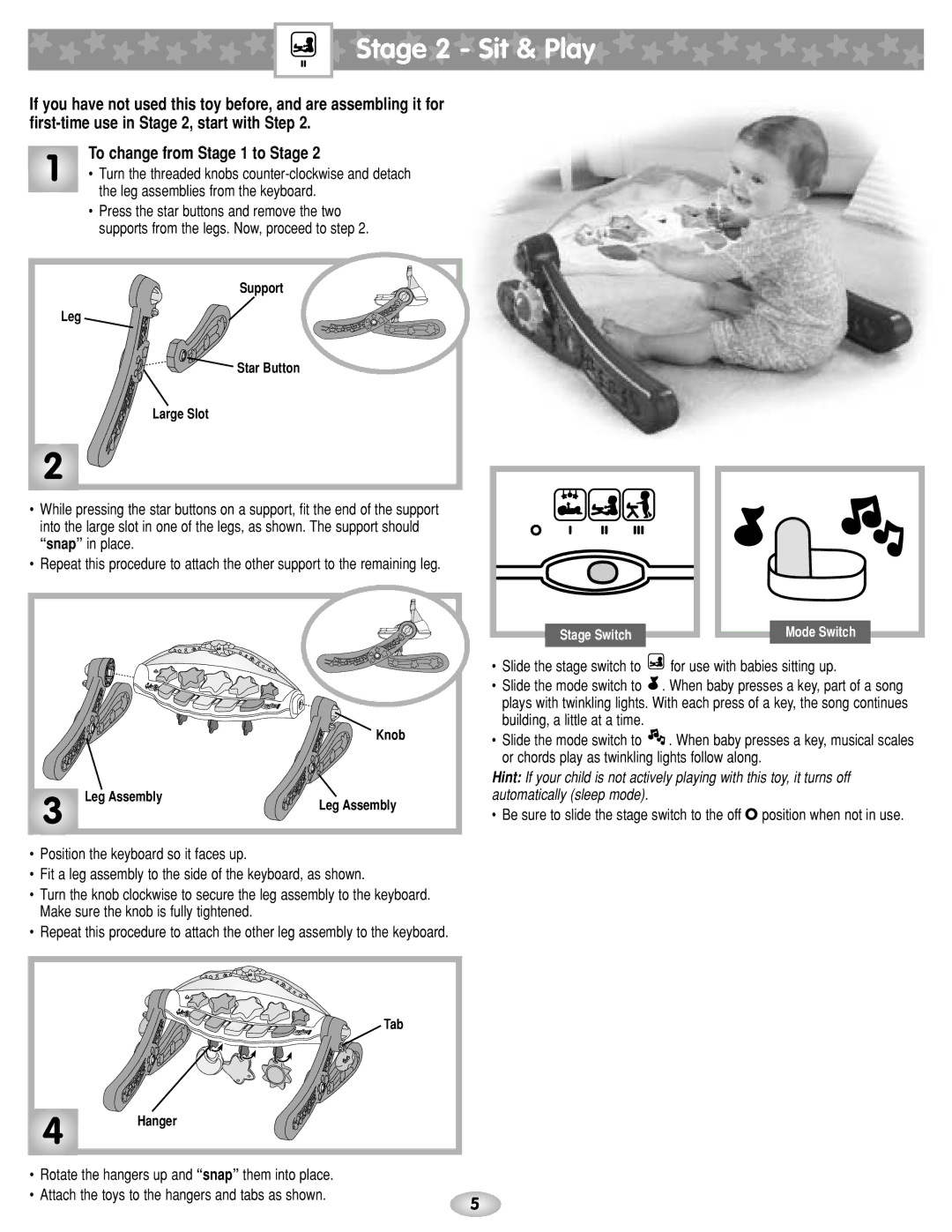 Fisher-Price B0846 instruction sheet Stage 2 Sit & Play, To change from Stage 1 to Stage, Leg assemblies from the keyboard 