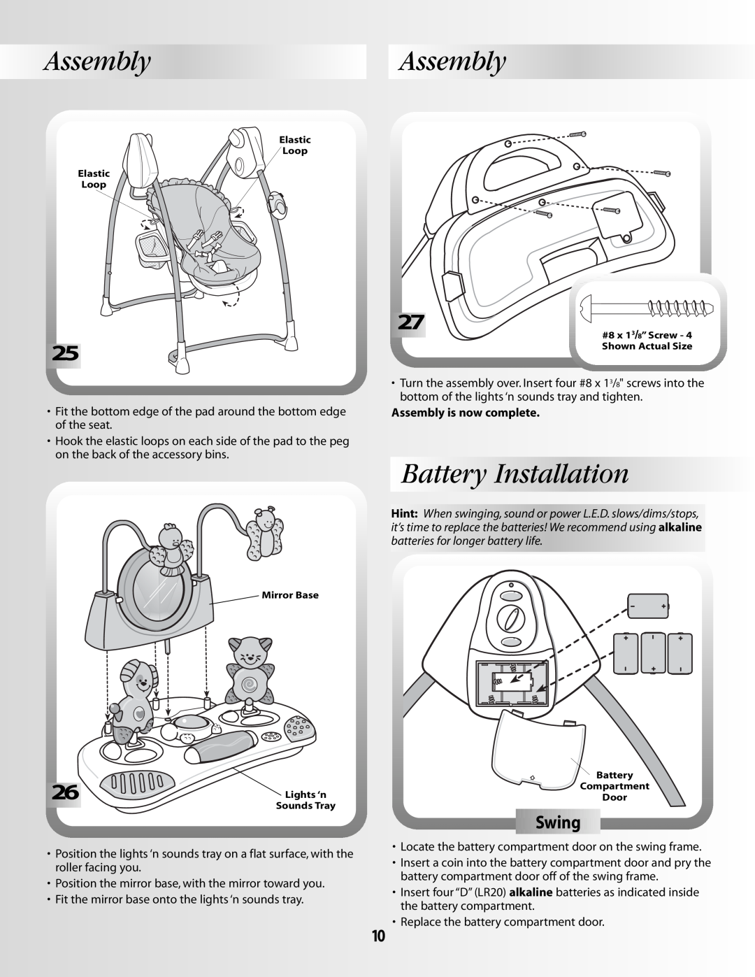 Fisher-Price B1637 manual AssemblyAssembly, Battery Installation, Swing, Assembly is now complete 