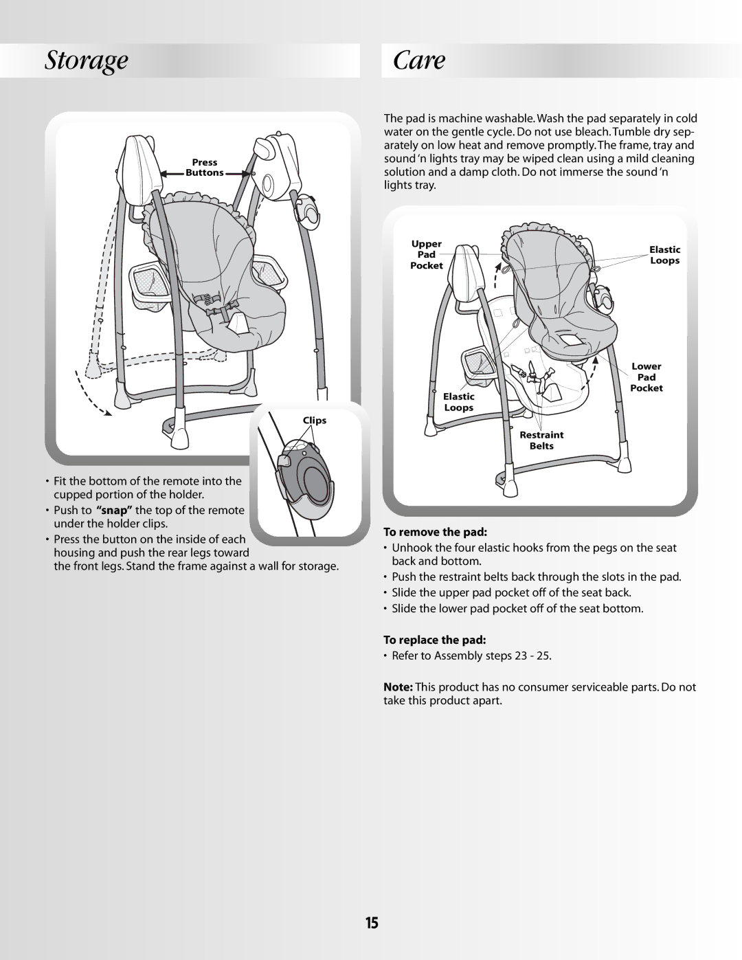 Fisher-Price B1637 manual Storage Care, To remove the pad, To replace the pad 