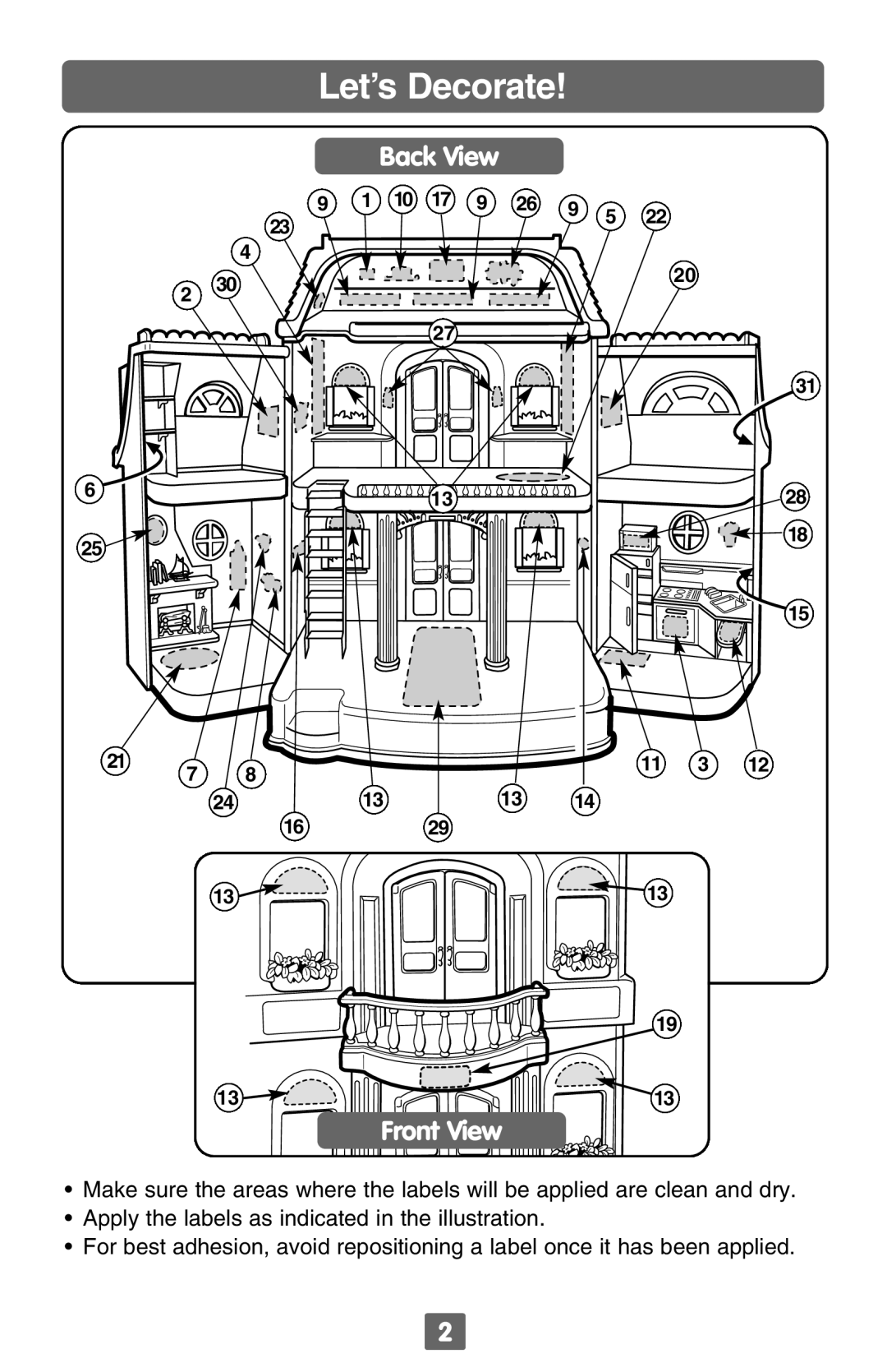 Fisher-Price B2090, B2089 instruction sheet Let’s Decorate, Back View Front View 