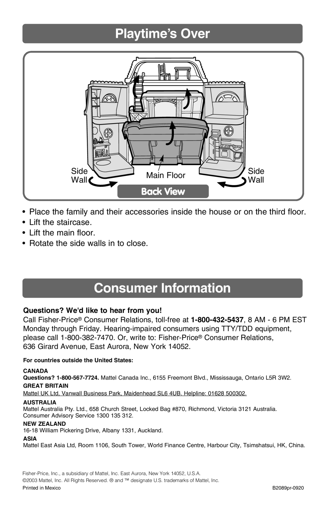 Fisher-Price B2090, B2089 instruction sheet Consumer Information, Playtime’s Over 