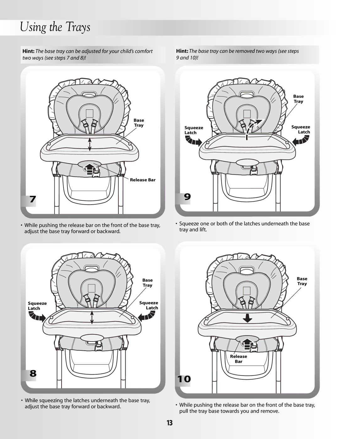 Fisher-Price B0326, B2105 instruction sheet Base Tray Squeeze Latch Release Bar 