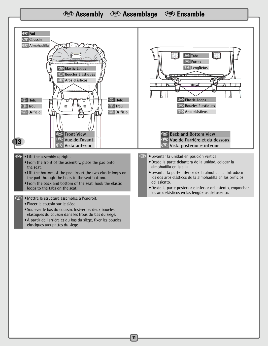 Fisher-Price C4630, B2875 FVue de l’arrière et du dessous SVista posterior e inferior, EElastic Loops, FBoucles élastiques 