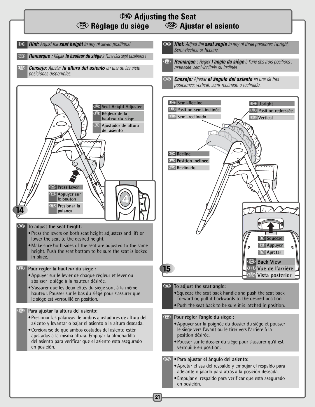 Fisher-Price C4630, B2875, C4634, 79638, C5936 manual EAdjusting the Seat, FRéglage du siège SAjustar el asiento 