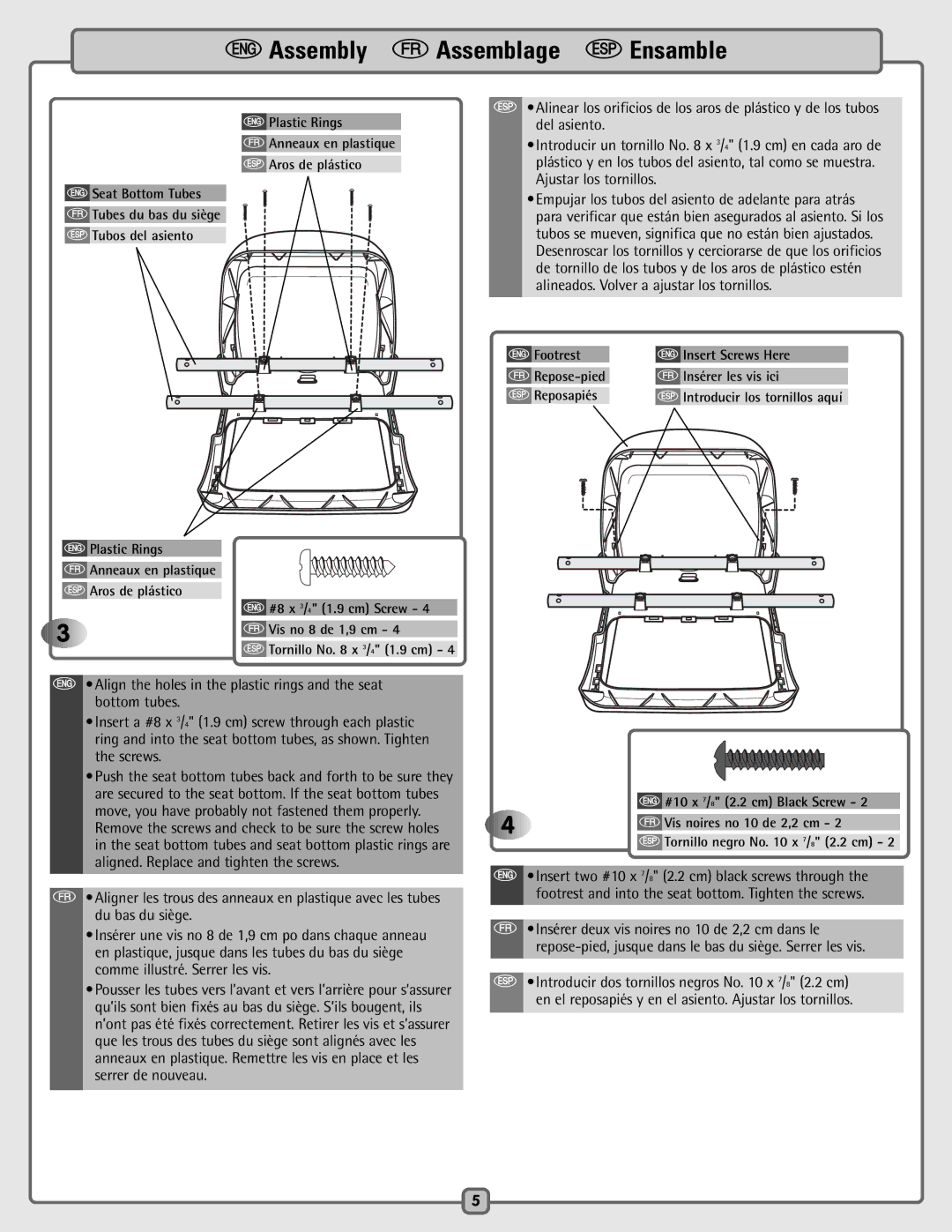 Fisher-Price B2875, C4630, C4634, 79638, C5936 manual Footrest Insert Screws Here, Insérer les vis ici 