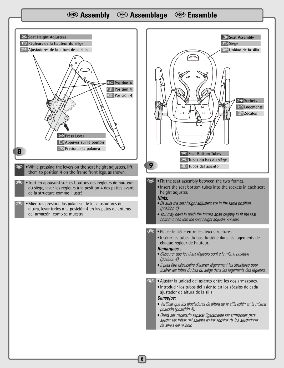 Fisher-Price 79638, B2875 Ajustador de altura de la silla, EPress Lever, FAppuyer sur le bouton, SPresionar la palanca 