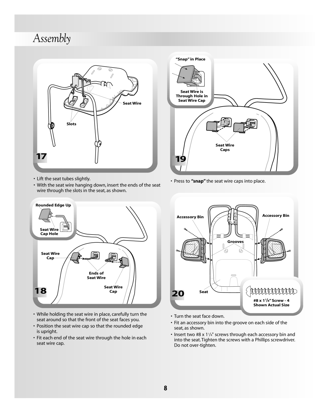 Fisher-Price B3002, B0323 instruction sheet Press to snap the seat wire caps into place 