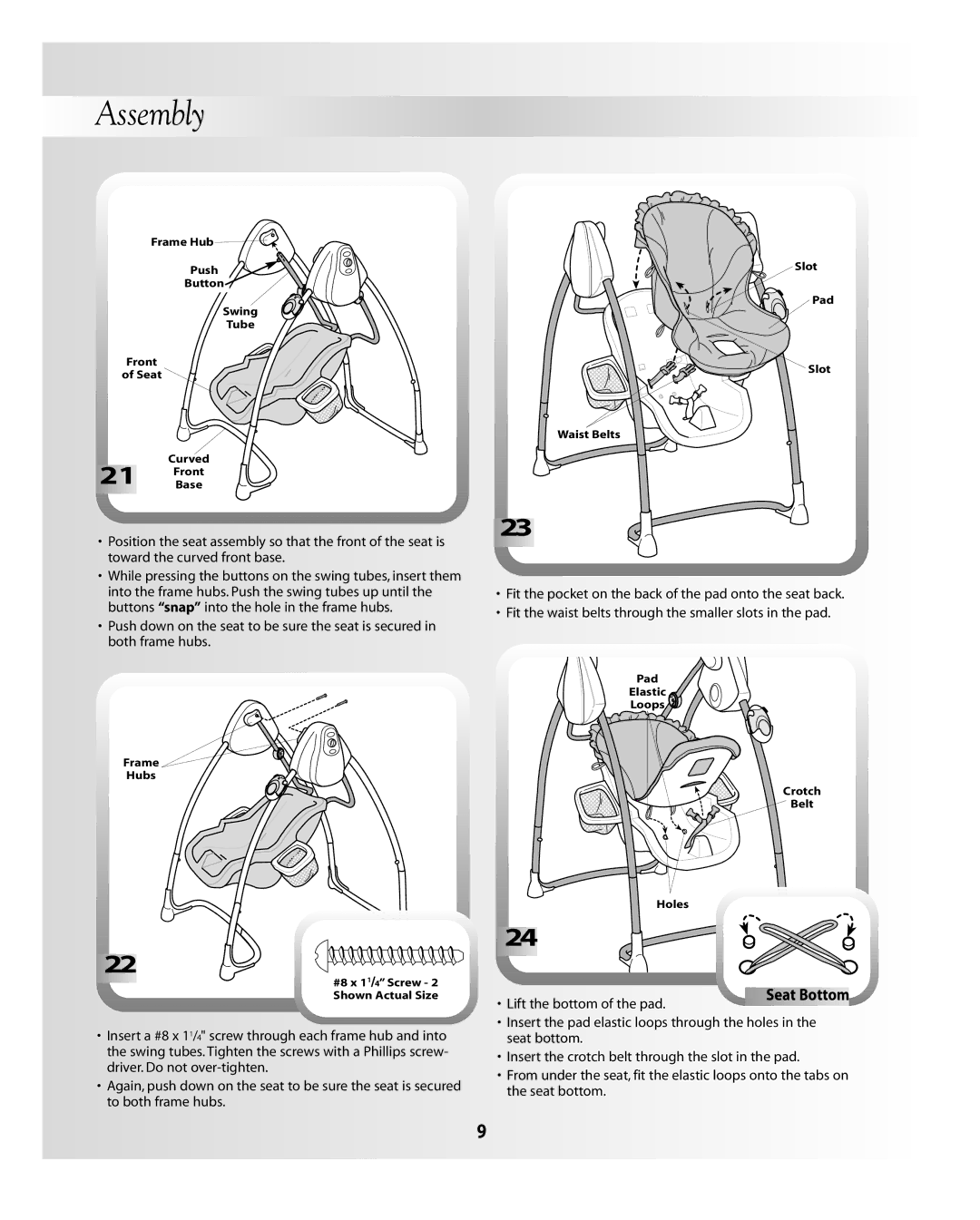 Fisher-Price B0323, B3002 instruction sheet Frame Hub Push Button Swing Tube Front Seat Curved Base 