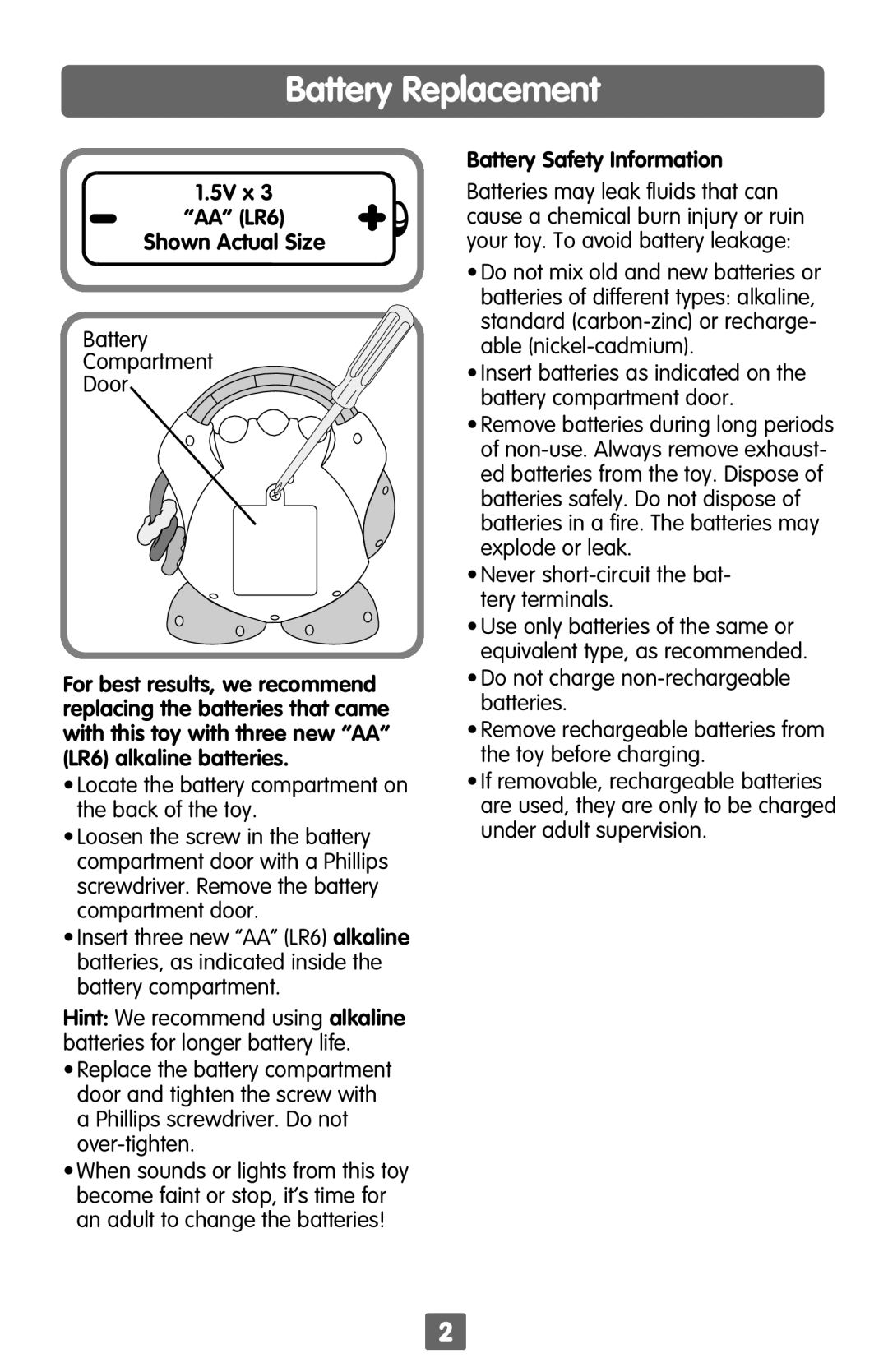 Fisher-Price B4359 instruction sheet Battery Replacement, 5V x AA LR6 Shown Actual Size, Battery Safety Information 