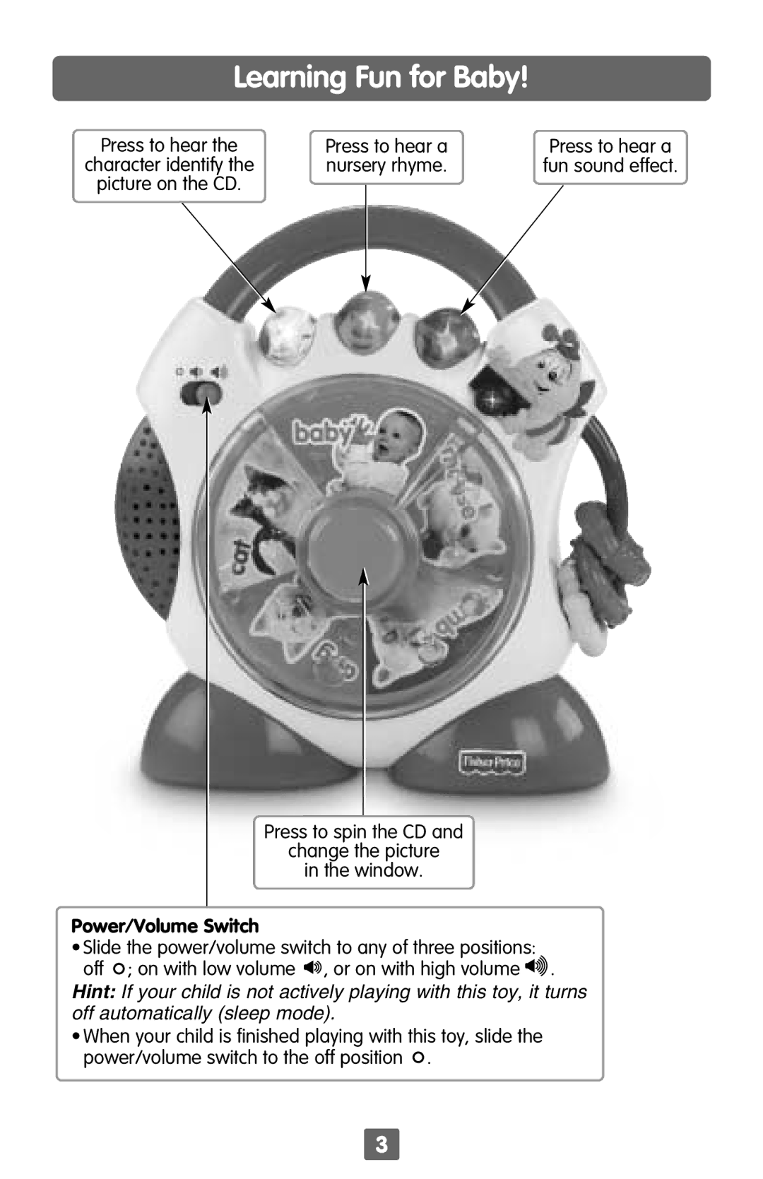 Fisher-Price B4359 instruction sheet Learning Fun for Baby, Power/Volume Switch 