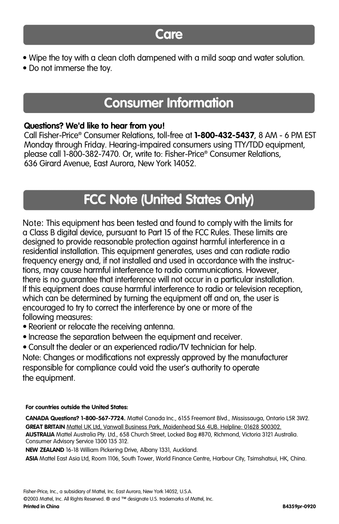 Fisher-Price B4359 Care, Consumer Information, FCC Note United States Only, Questions? Wed like to hear from you 