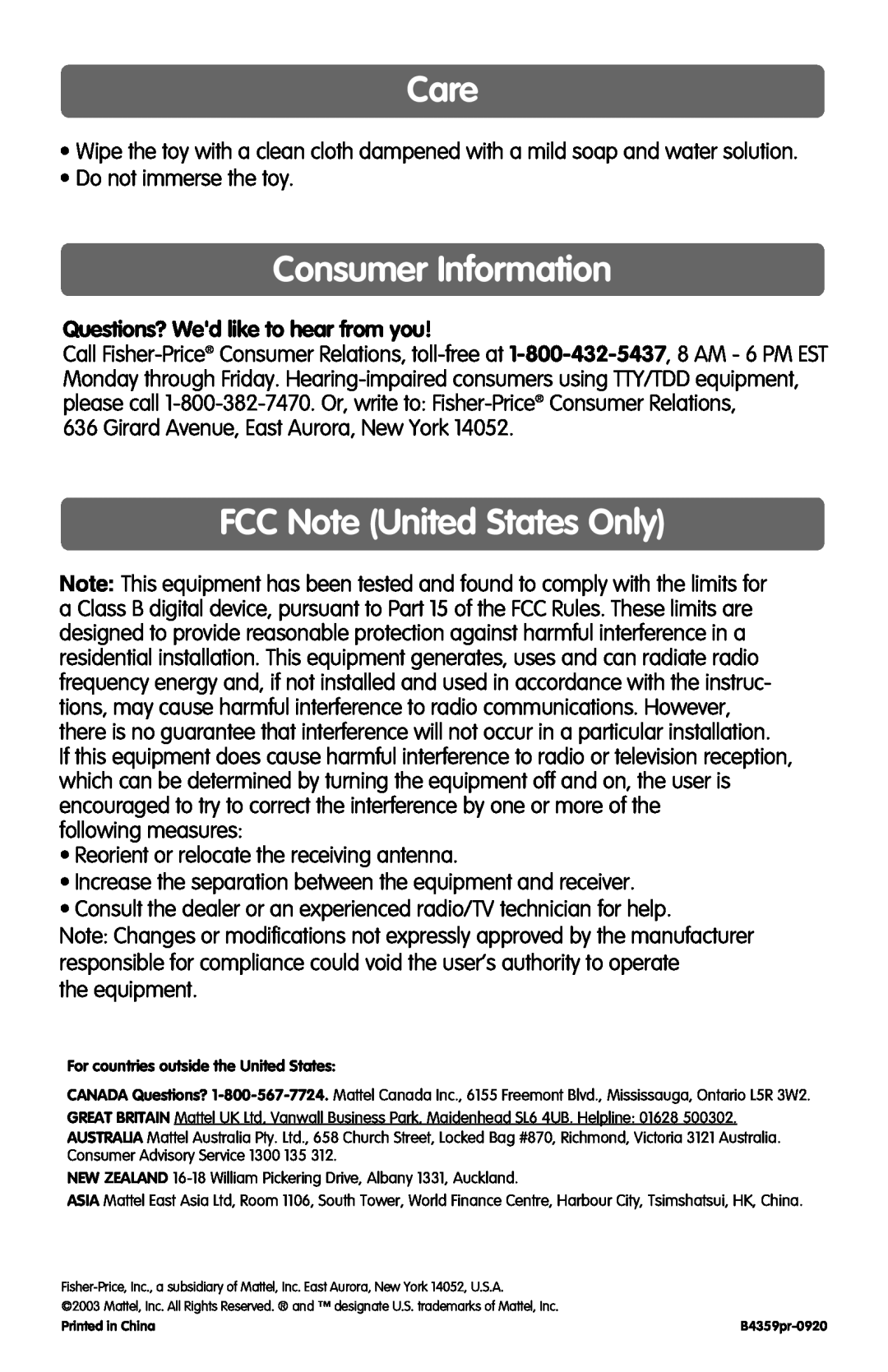 Fisher-Price B4359 Care, Consumer Information, FCC Note United States Only, Questions? Wed like to hear from you 