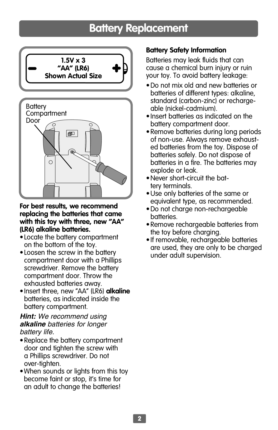 Fisher-Price B4860 instruction sheet Battery Replacement, 5V x AA LR6 Shown Actual Size, Battery Safety Information 