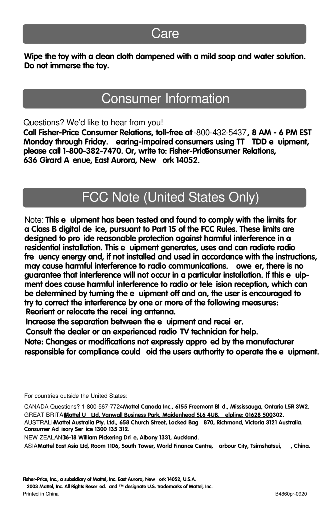 Fisher-Price B4860 Care, Consumer Information, FCC Note United States Only, Questions? Wed like to hear from you 