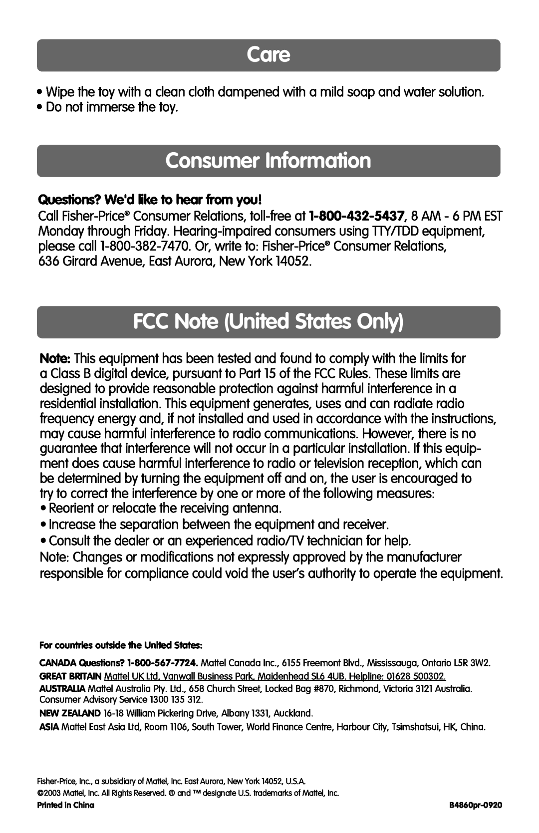 Fisher-Price B4860 Care, Consumer Information, FCC Note United States Only, Questions? Wed like to hear from you 