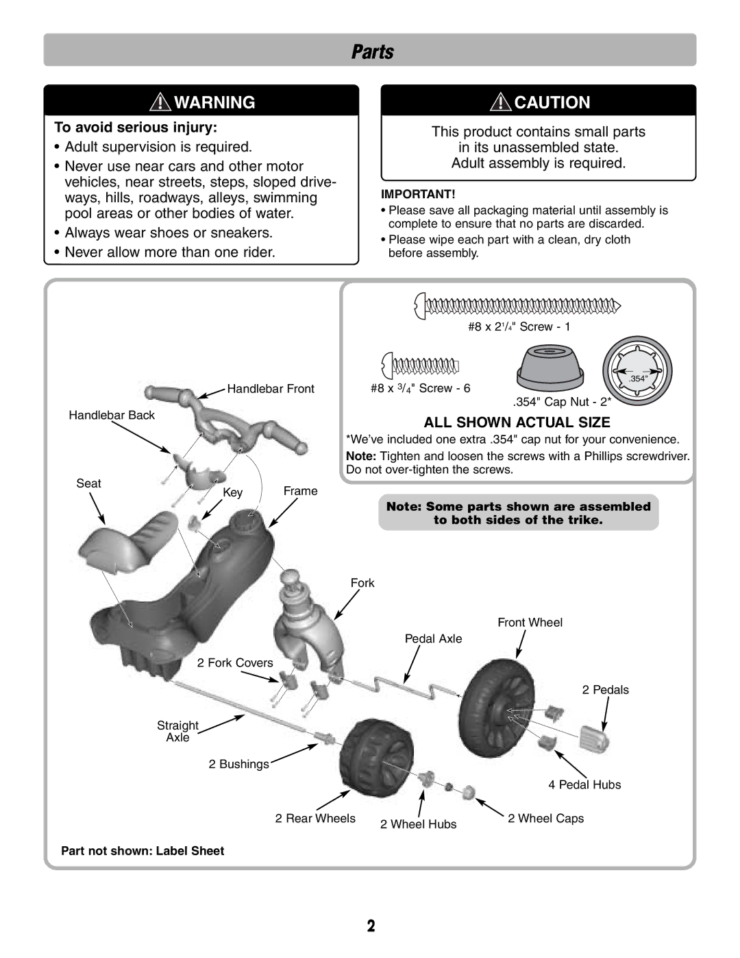 Fisher-Price B8776 instruction sheet Parts, To avoid serious injury 