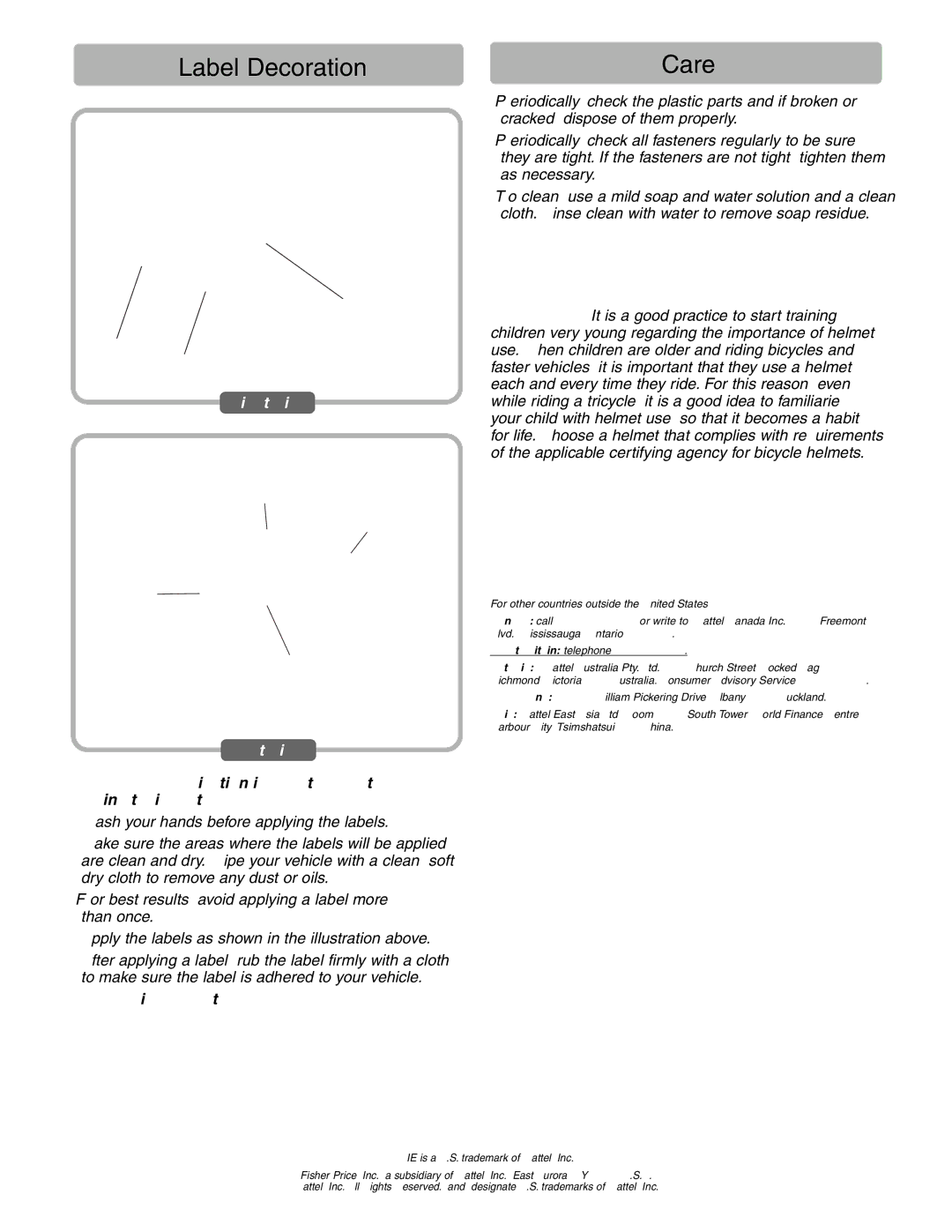 Fisher-Price B8776 instruction sheet Label Decoration, Care, Right Side Left Side 