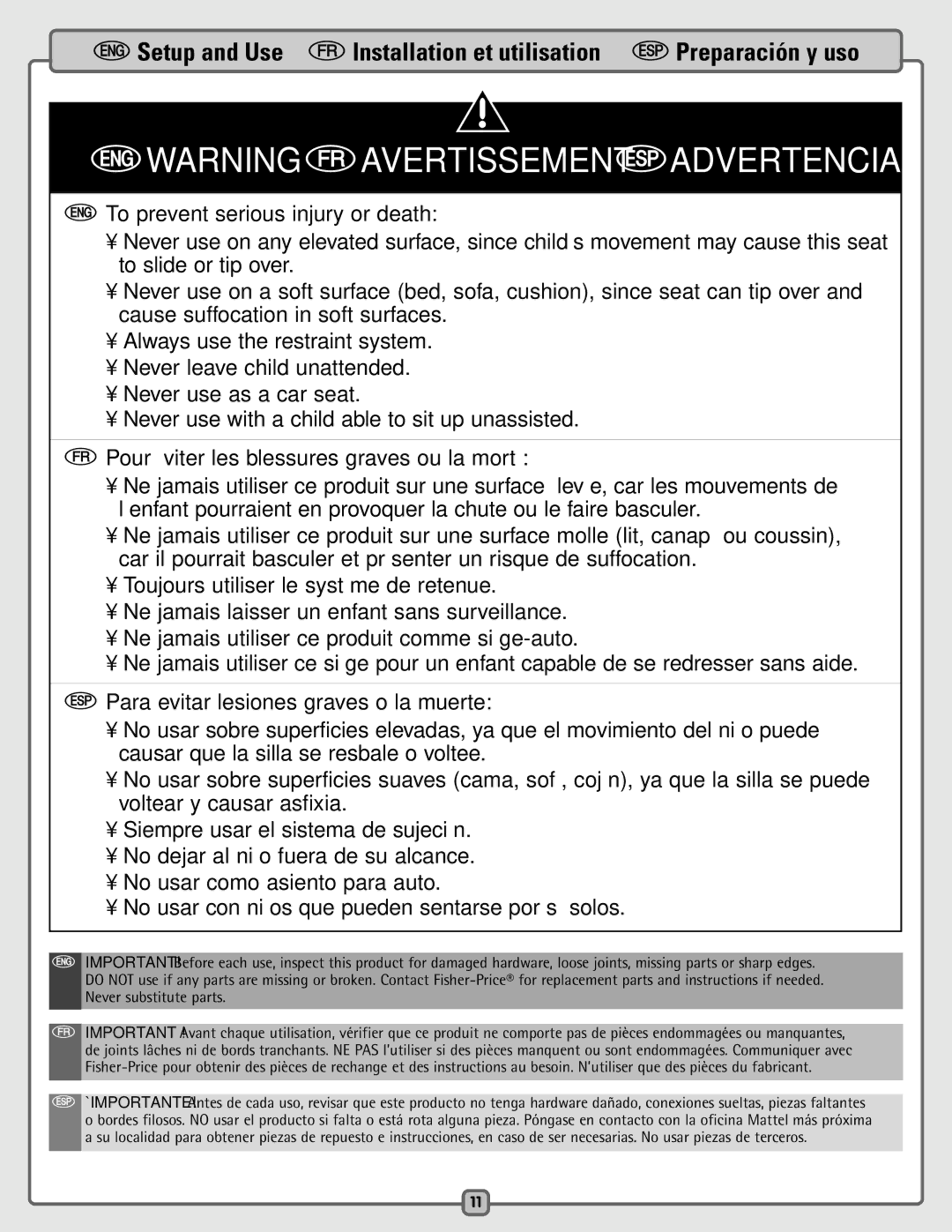 Fisher-Price B8786 instruction sheet EWARNING fAVERTISSEMENT Sadvertencia 