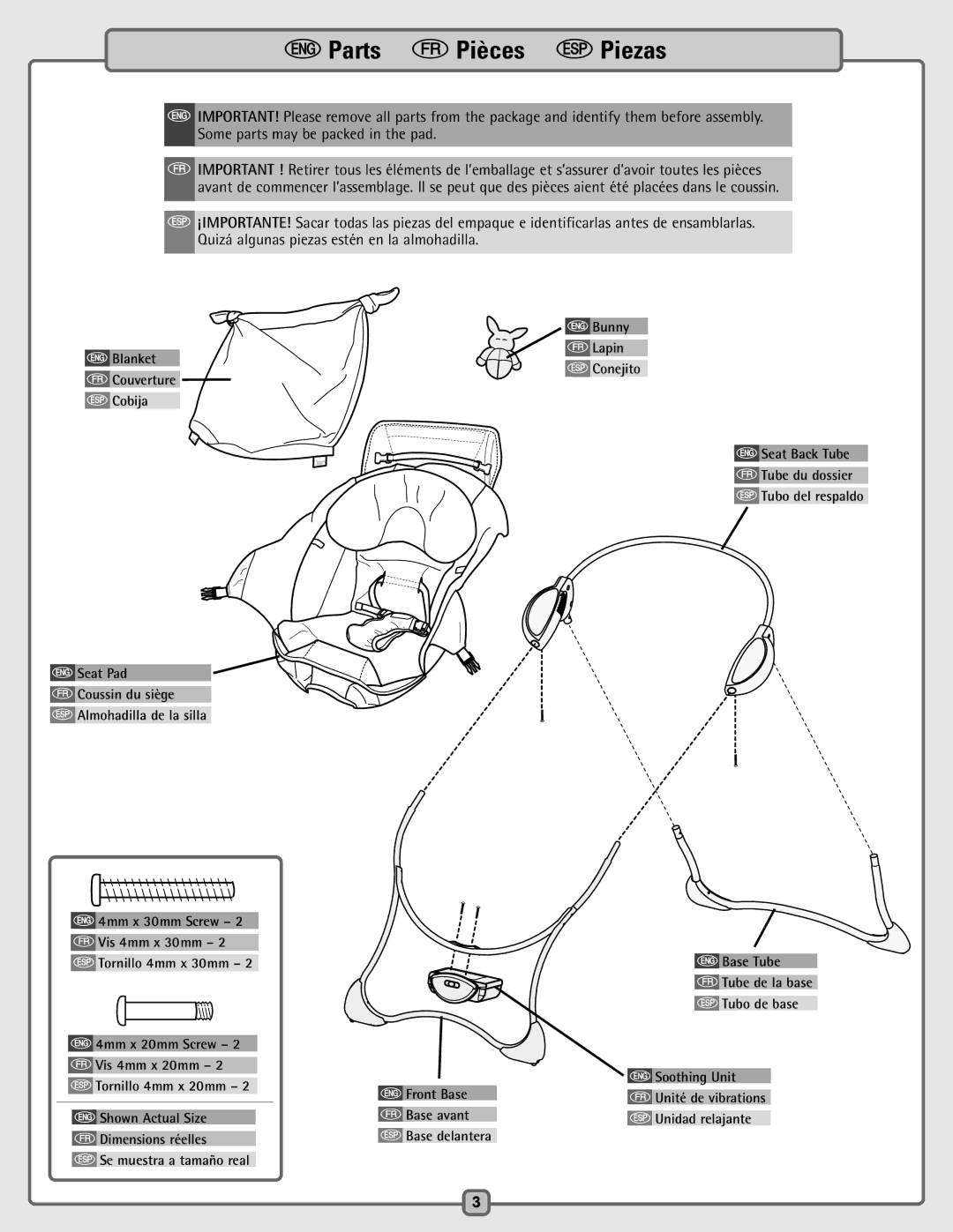 Fisher-Price B8786 instruction sheet Parts f Pièces S Piezas, Blanket Lapin Conejito Couverture 