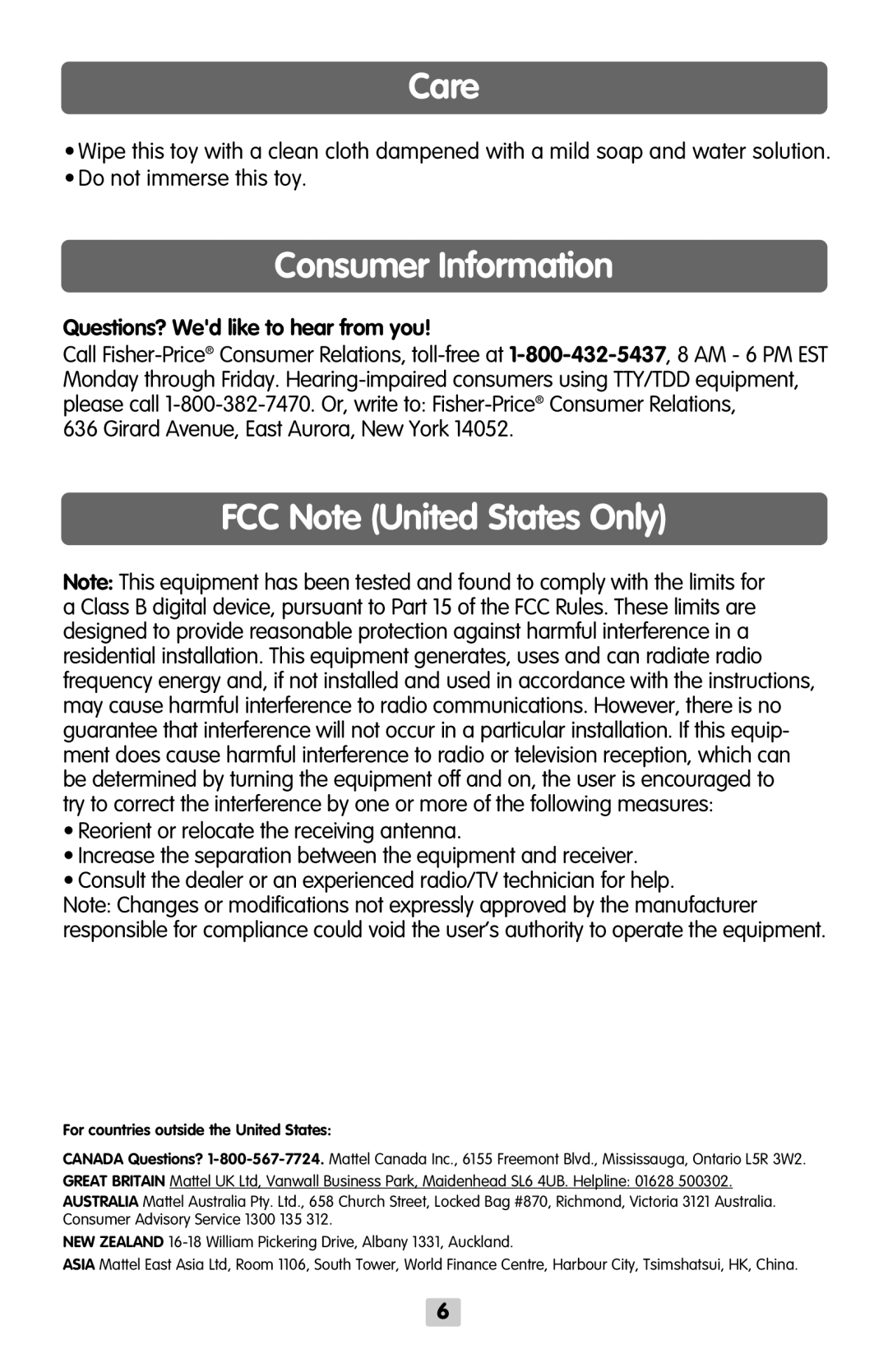 Fisher-Price B8793 Care, Consumer Information, FCC Note United States Only, Questions? Wed like to hear from you 