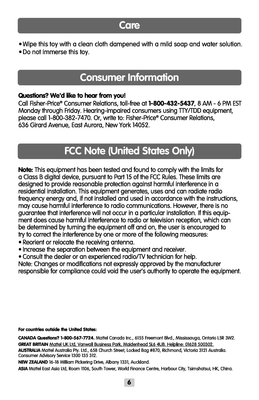 Fisher-Price B8793 Care, Consumer Information, FCC Note United States Only, Questions? Wed like to hear from you 