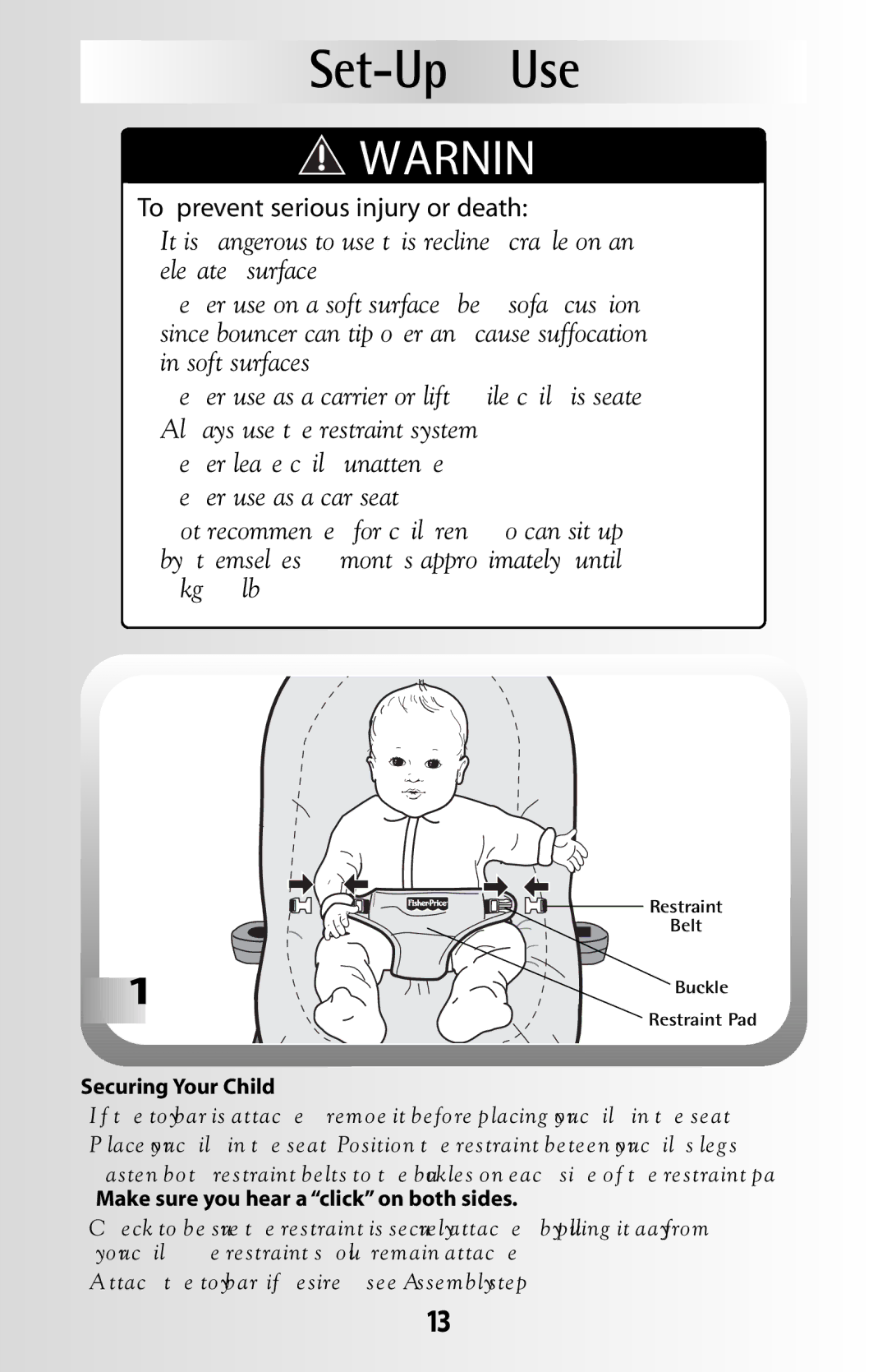 Fisher-Price B8865 manual Set-Up &Use, Securing Your Child, Make sure you hear a click on both sides 