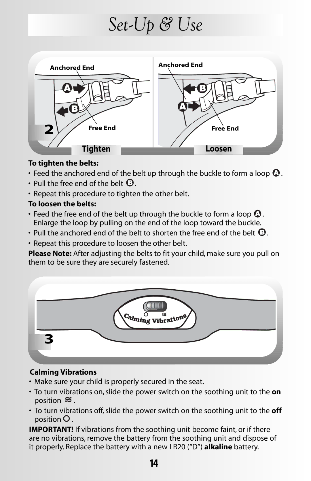 Fisher-Price B8865 manual To tighten the belts, To loosen the belts, Calming Vibrations 