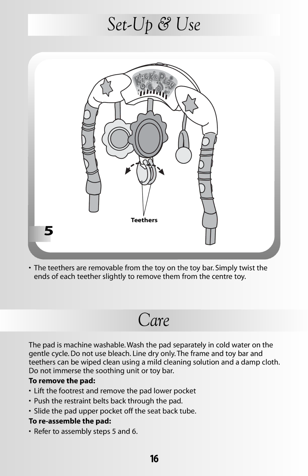 Fisher-Price B8865 manual Care, To remove the pad, To re-assemble the pad 