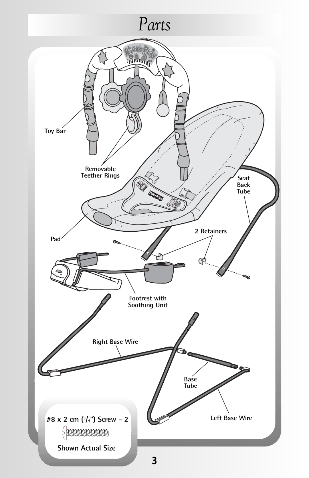 Fisher-Price B8865 manual Parts, #8 x 2 cm 3/ 4 Screw, Shown Actual Size 