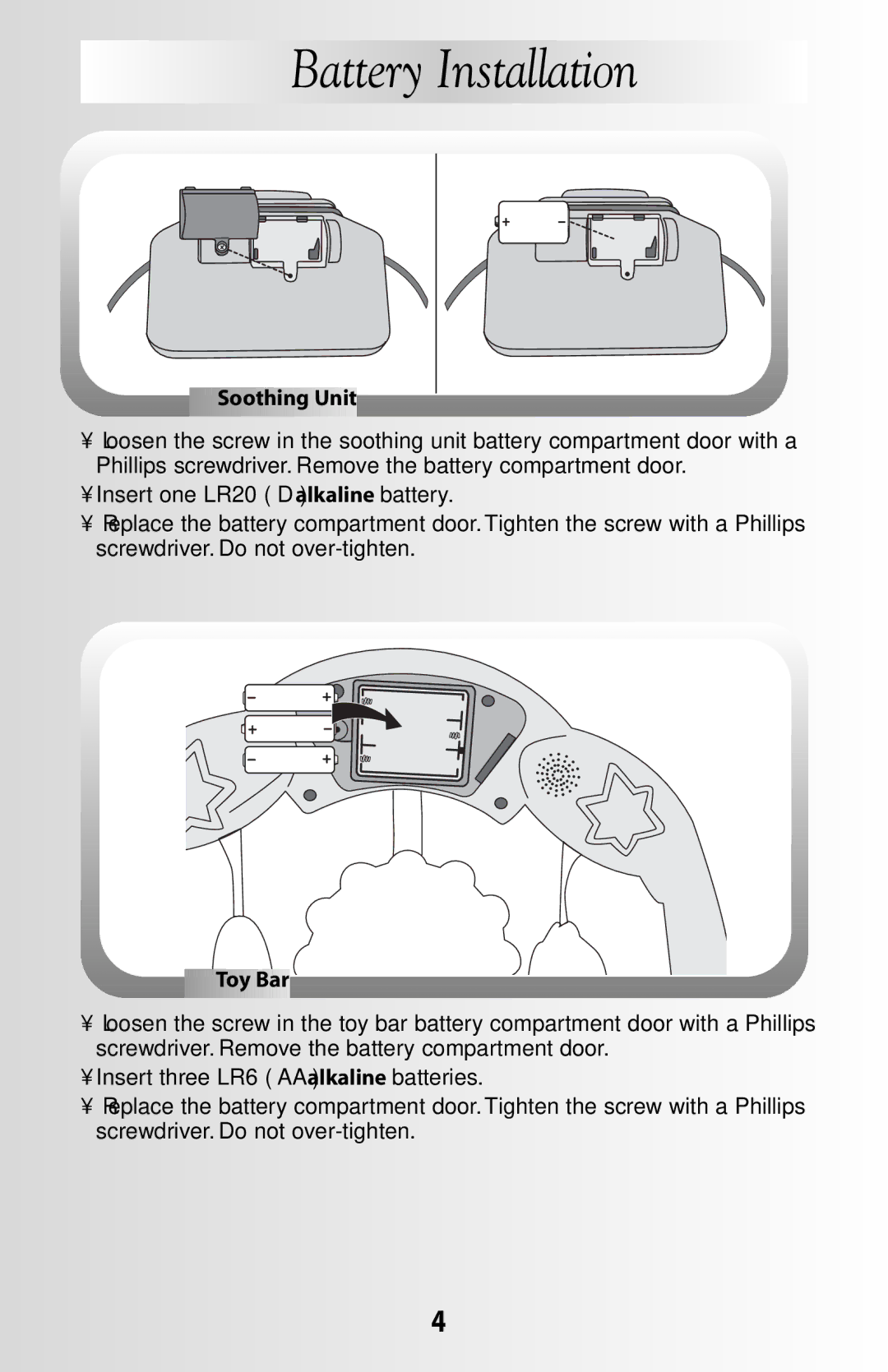 Fisher-Price B8865 manual Battery Installation, Soothing Unit, Toy Bar 