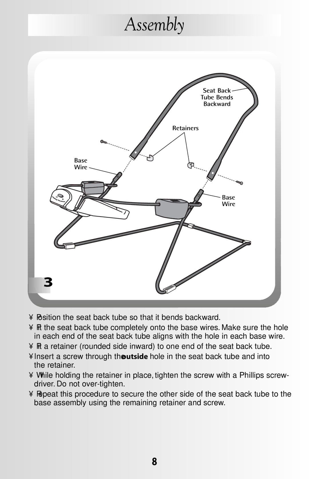 Fisher-Price B8865 manual Position the seat back tube so that it bends backward 