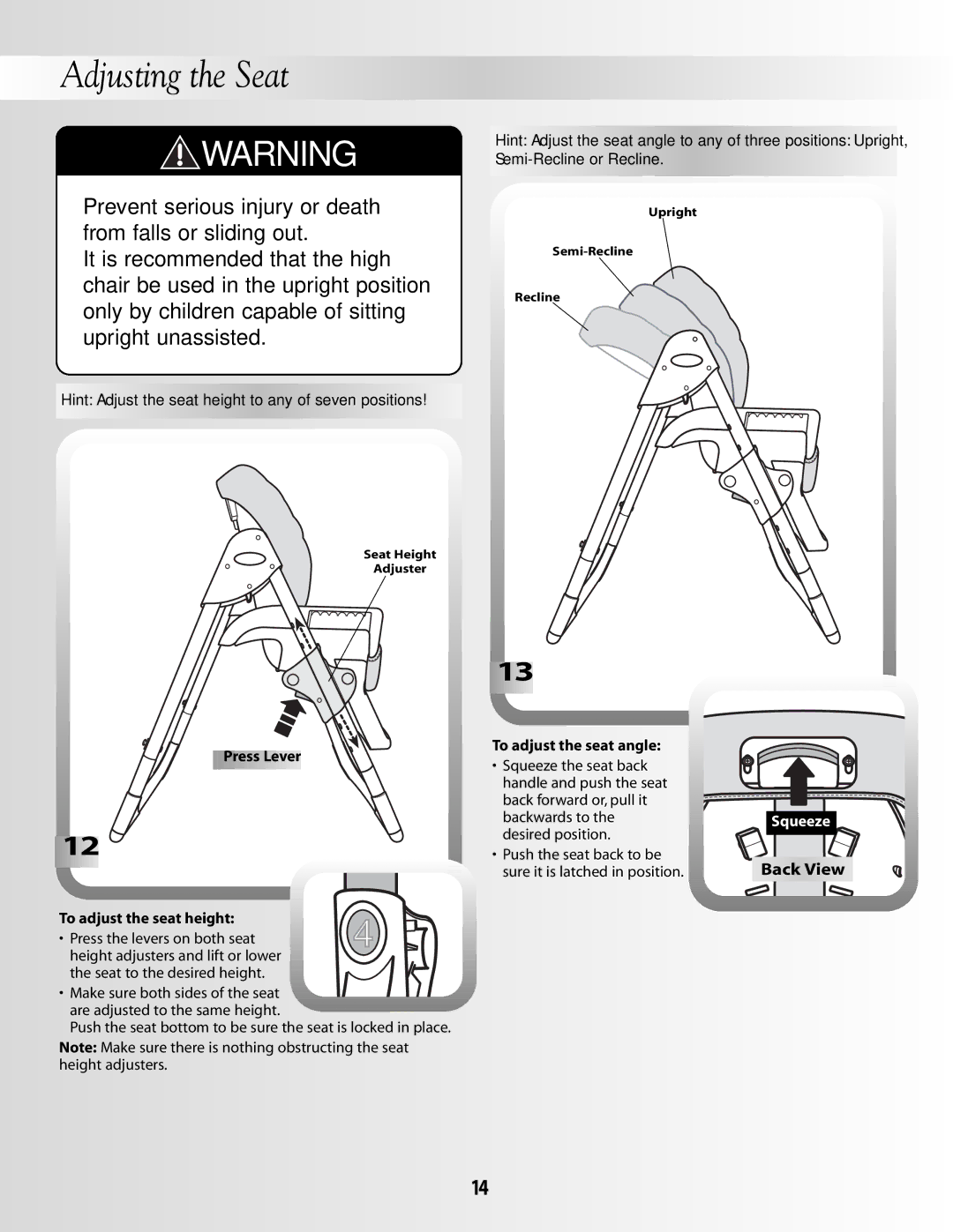 Fisher-Price B8866 manual Adjusting the Seat, To adjust the seat height 