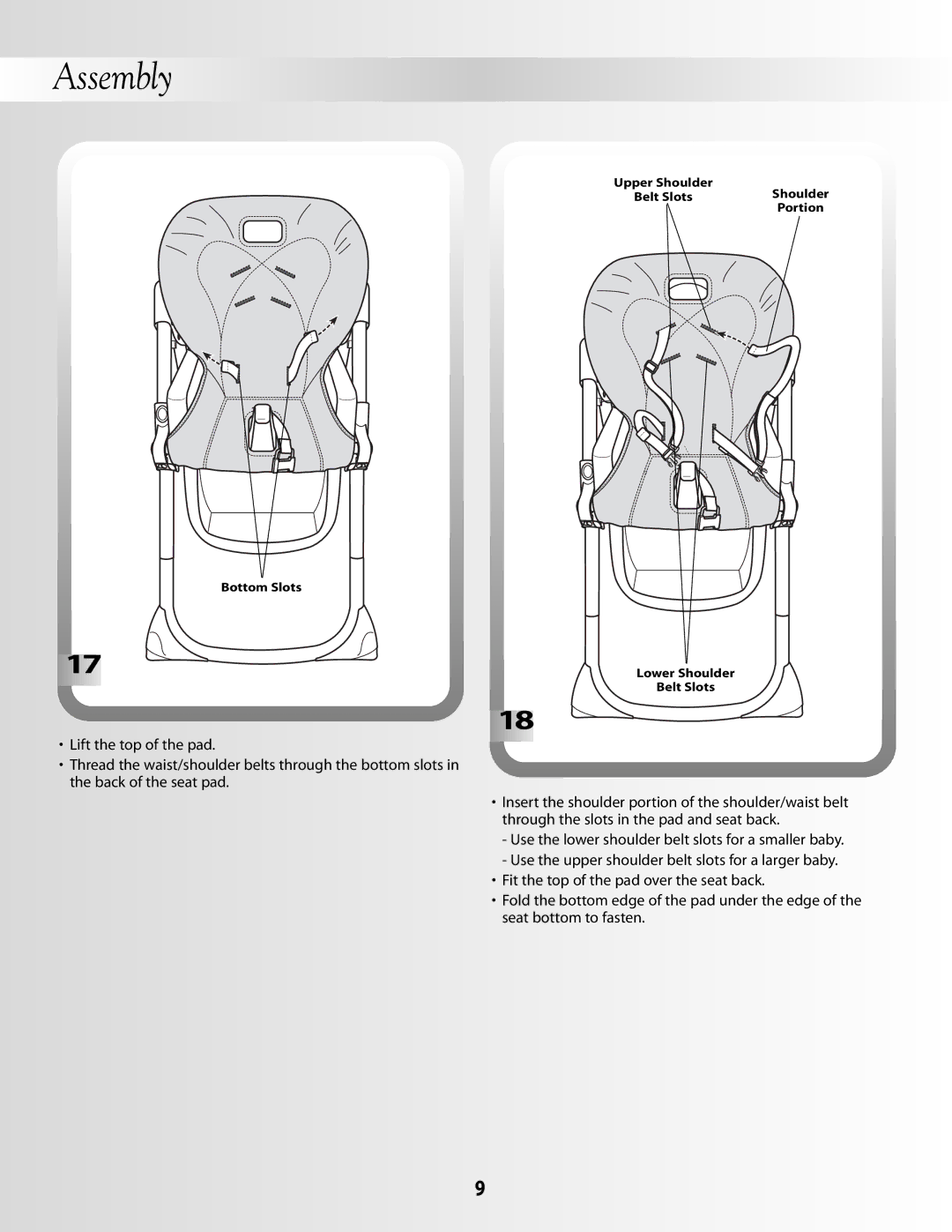 Fisher-Price B8866 manual Bottom Slots Upper Shoulder Belt SlotsShoulder Portion 