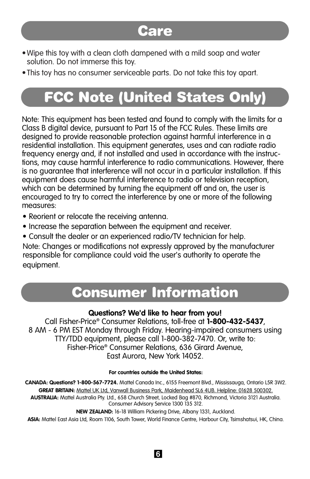 Fisher-Price B9001 instruction sheet Care, FCC Note United States Only, Consumer Information 