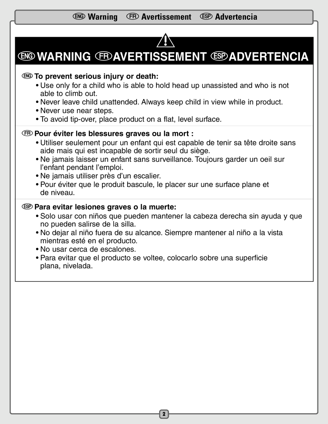 Fisher-Price B9639 instruction sheet EWARNING fAVERTISSEMENT Sadvertencia 