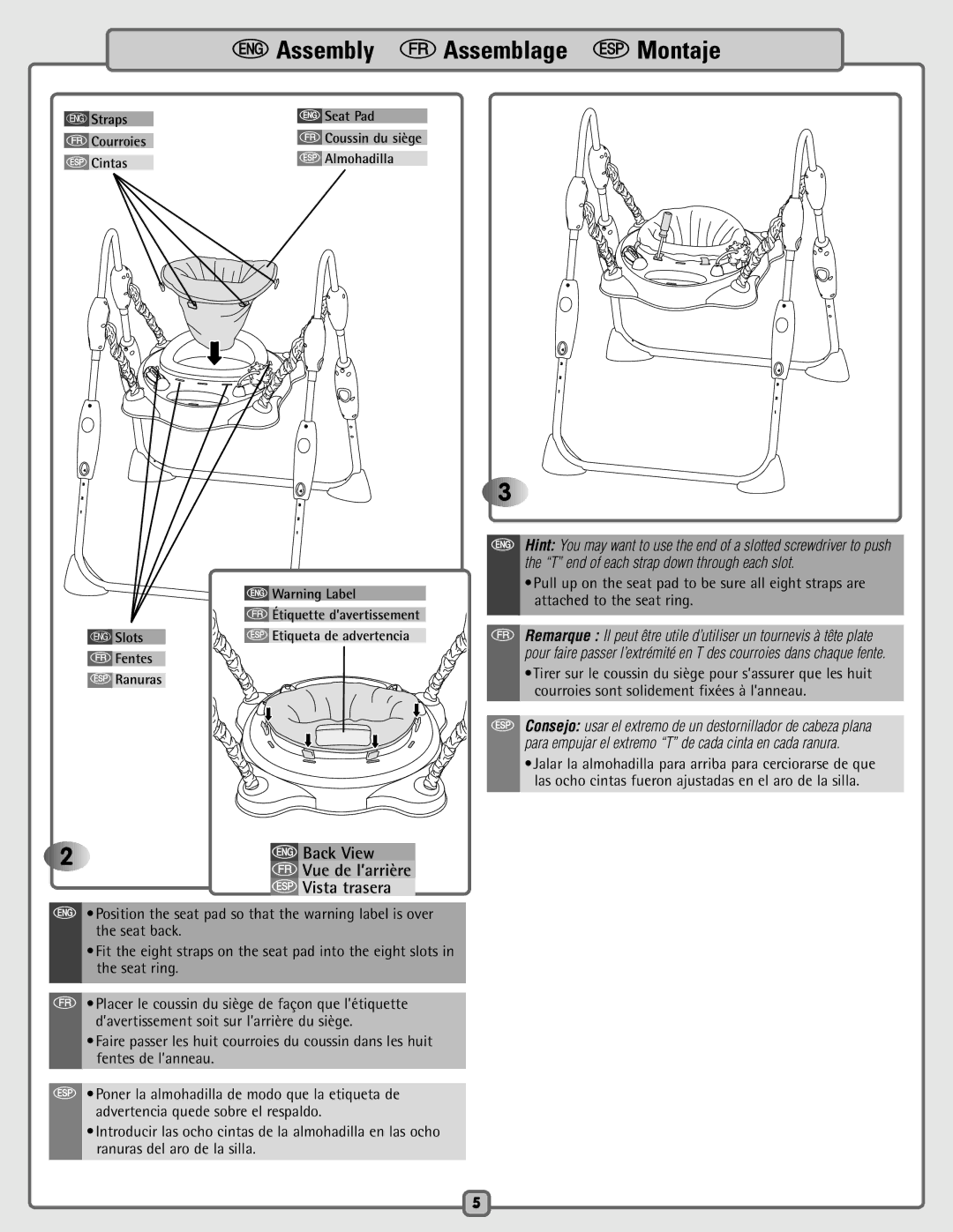 Fisher-Price B9639 instruction sheet Back View f Vue de l’arrière S Vista trasera 