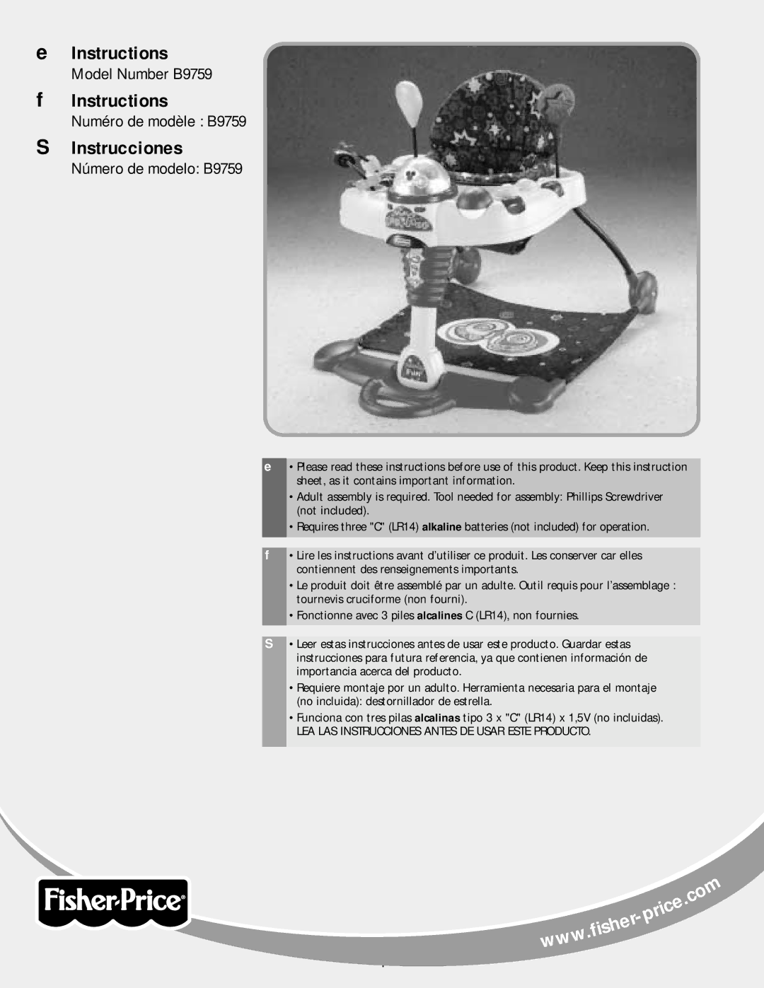 Fisher-Price B9759 instruction sheet Instructions, Instrucciones 