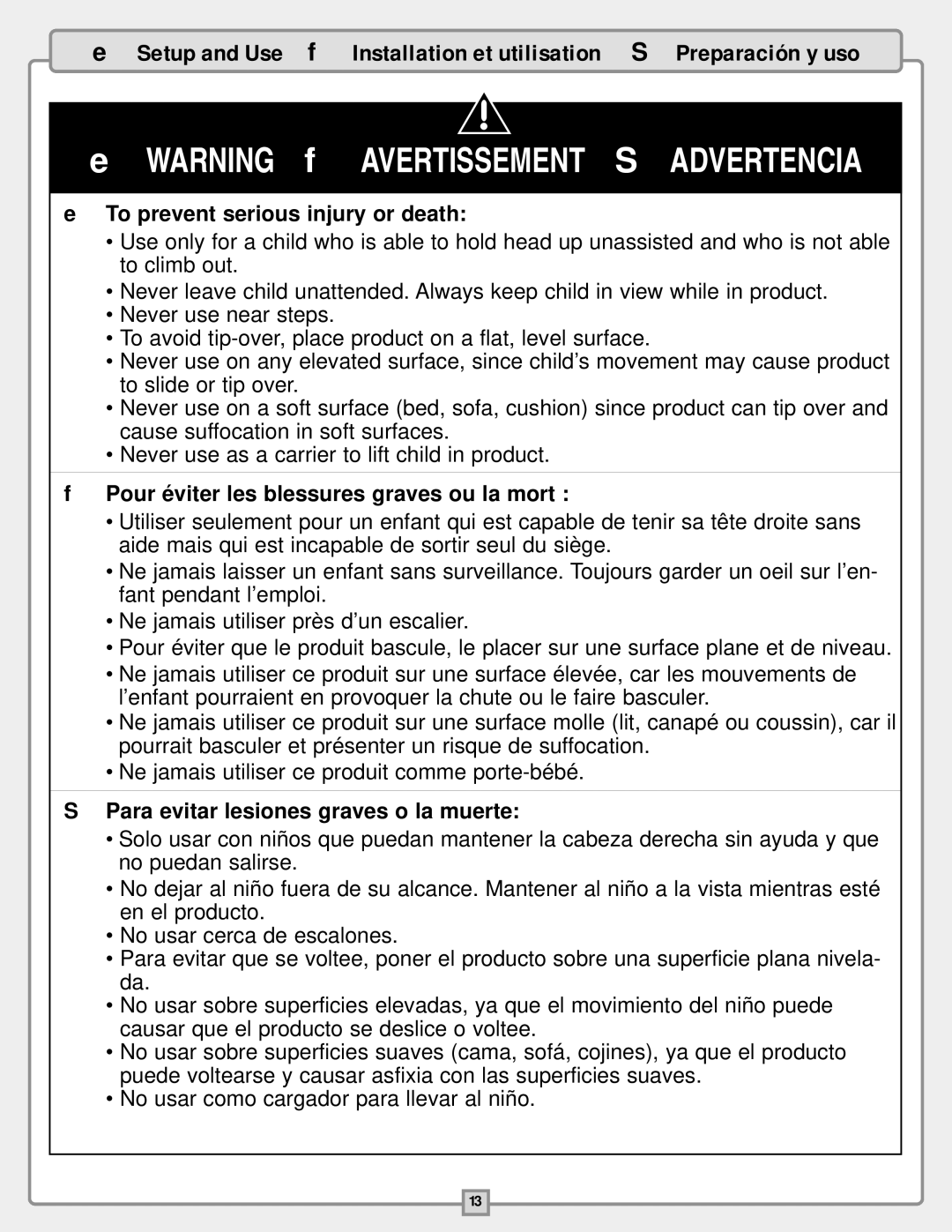 Fisher-Price B9759 instruction sheet EWARNING fAVERTISSEMENT Sadvertencia 