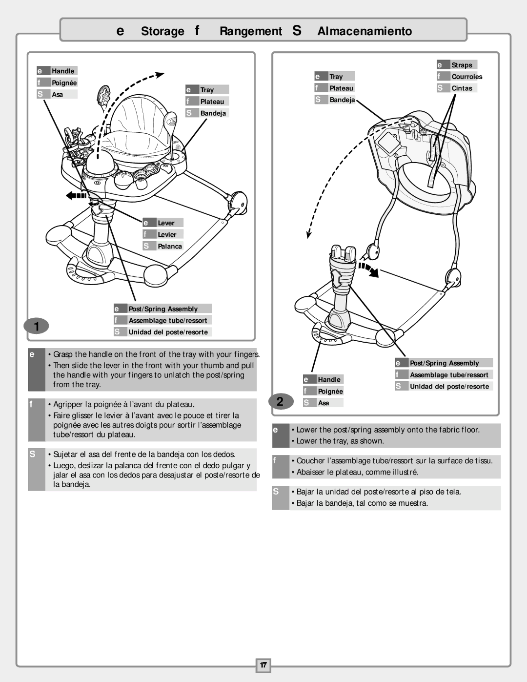 Fisher-Price B9759 instruction sheet Storage f Rangement S Almacenamiento, Poignée Asa Unidad del poste/resorte 