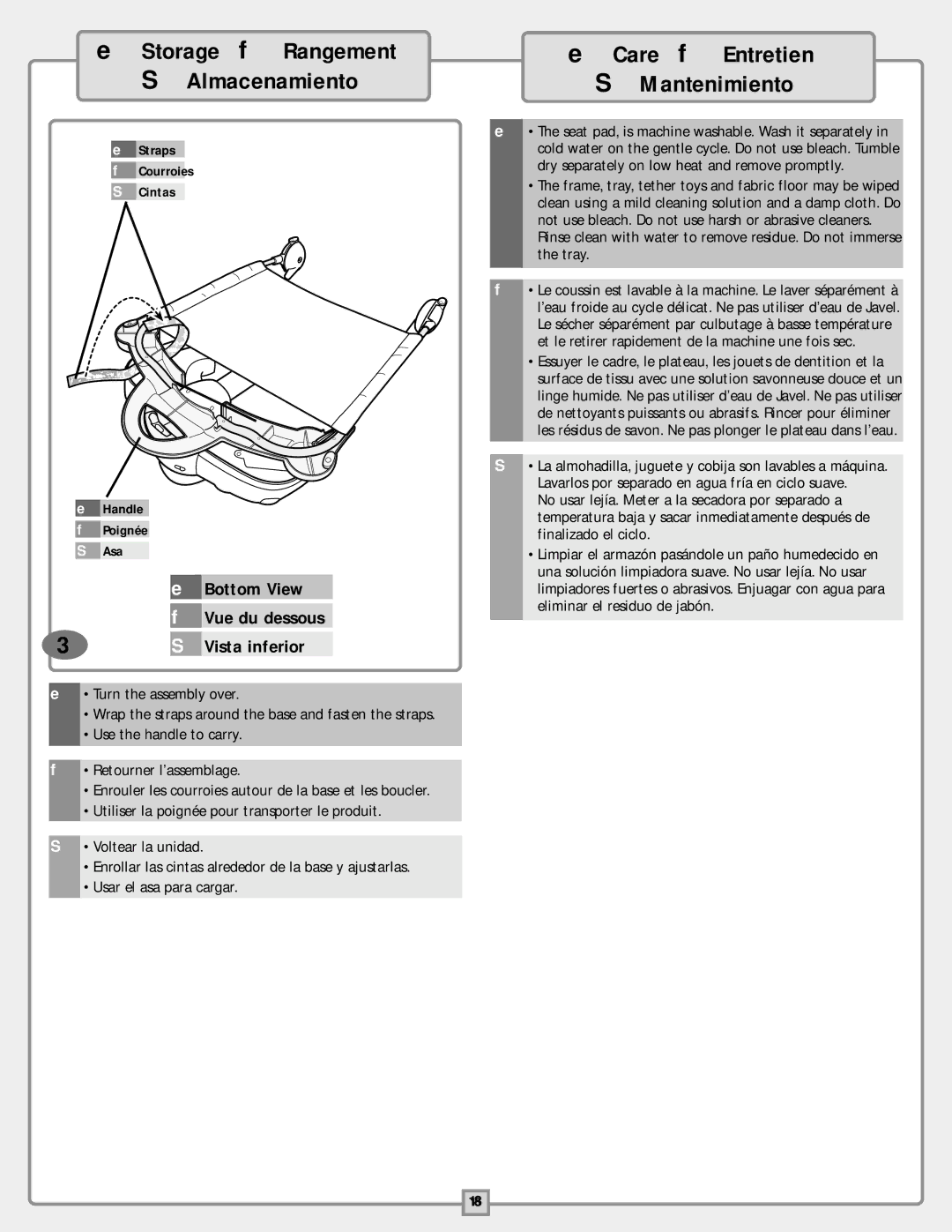 Fisher-Price B9759 instruction sheet Storage f Rangement Almacenamiento, Care f Entretien Mantenimiento 