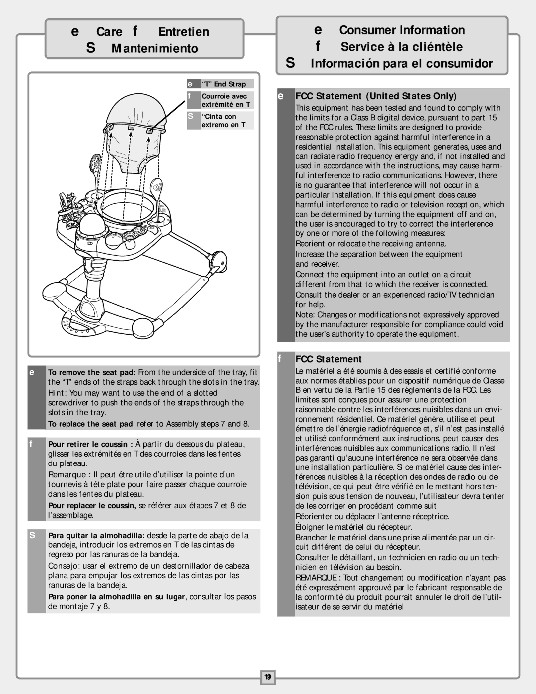 Fisher-Price B9759 instruction sheet Información para el consumidor, EFCC Statement United States Only 