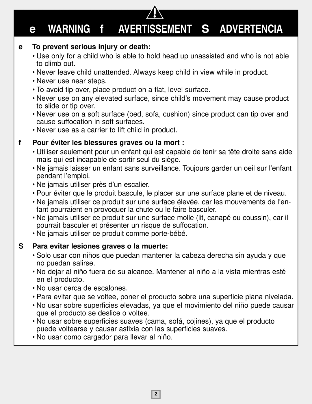 Fisher-Price B9759 instruction sheet EWARNING fAVERTISSEMENT Sadvertencia 