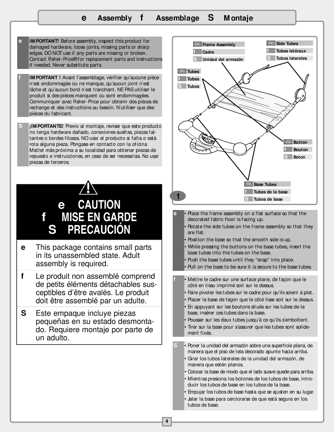 Fisher-Price B9759 instruction sheet Sprecaución, Assembly f Assemblage S Montaje 