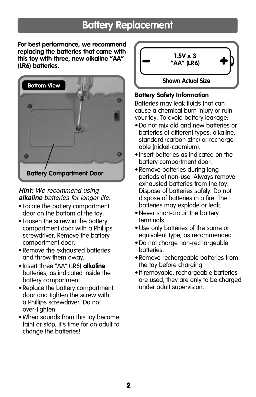Fisher-Price B9760 Battery Replacement, Battery Compartment Door, 5V x AA LR6 Shown Actual Size Battery Safety Information 