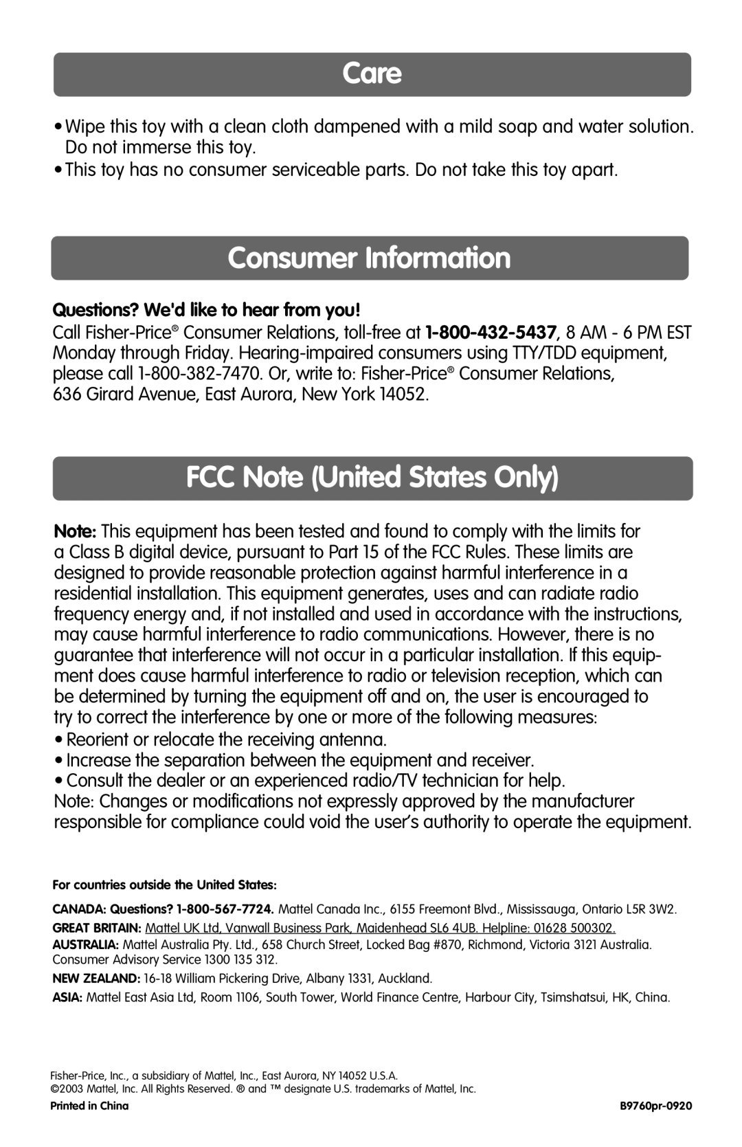 Fisher-Price B9760 Care, Consumer Information, FCC Note United States Only, Questions? Wed like to hear from you 