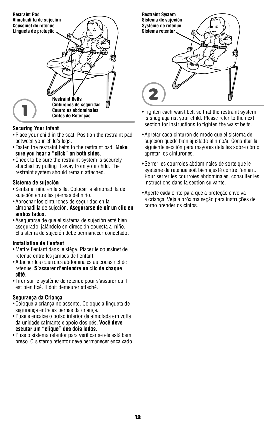 Fisher-Price BBT60 Securing Your Infant, Sistema de sujeción, Installation de l’enfant, Segurança da Criança 