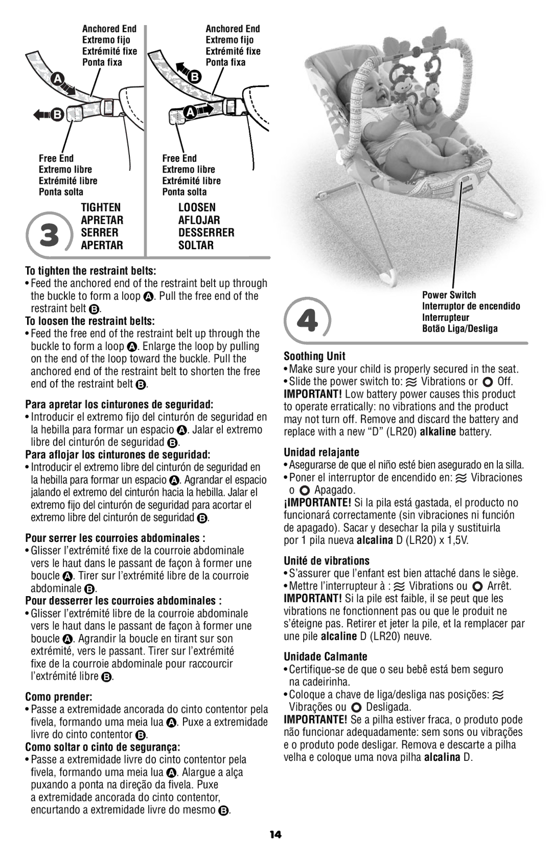 Fisher-Price BBT60 To tighten the restraint belts, To loosen the restraint belts, Para apretar los cinturones de seguridad 