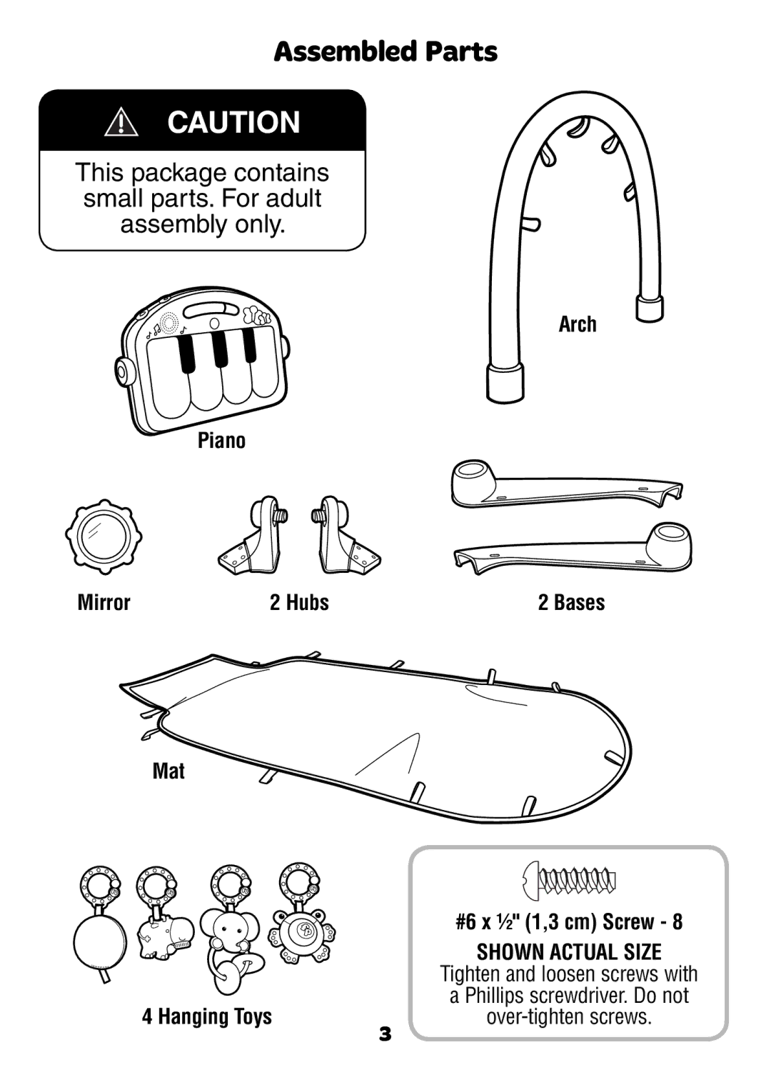 Fisher-Price BMH49 instruction sheet Assembled Parts, Arch Piano Mirror Hubs, Mat, Hanging Toys 